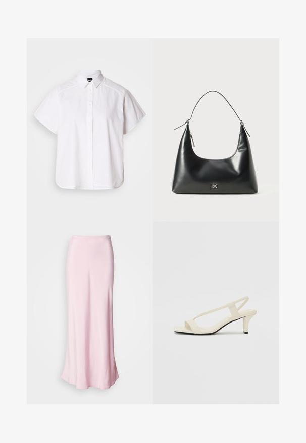 Bílá košile s krátkým rukávem a zapínáním na knoflíky, s špicatým límečkem a zakřiveným spodním lemem. Vyrobena z bavlny, má hladkou texturu a žádné viditelné vzory.; Růžová saténová maxi sukně s hladkou texturou, se střiženým pasem a jemným rozšířením na spodním lemu, s malým ozdobným knoflíčkem.; Krémové sandály na bloku s tenkými popruhy a čtveratou špičkou. Hladký materiál s minimálními detaily, navržené pro snadné nošení.; Černá hladká kožená kabelka přes rameno s zaobleným vrchem, jediným popruhem, zipovým uzávěrem a malým stříbrným logem uprostřed přední strany.