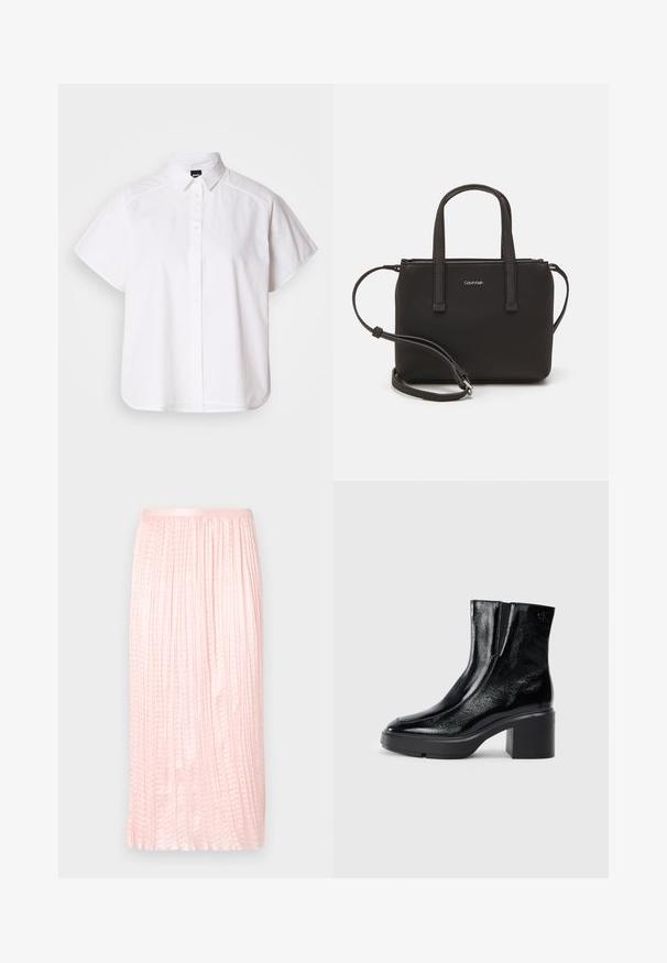 Bela kratka srajca s kratkimi rokavi in gumbom, s koničastim ovratnikom in ukrivljenim robom. Narejena iz bombaža s gladko teksturo in brez vidnih vzorcev.; Plisirana midi krila v mehko roza barvi, ki se ponaša z gladko teksturo in elastiko v pasu. Oblikovana z navpičnimi pregibi za tekoč videz.; Črne lakirane gležnjarje z ukrivljenim nosom, elastičnimi stranskimi paneli in debelim blokastim peto. Imajo vtisnjen logotip na zadnjem delu.; Črna torbica z dvema kratkima ročajema in odstranljivim naramnim trakom. Gladek usnju podoben material z zadrgo in podrobnostmi z logotipom.