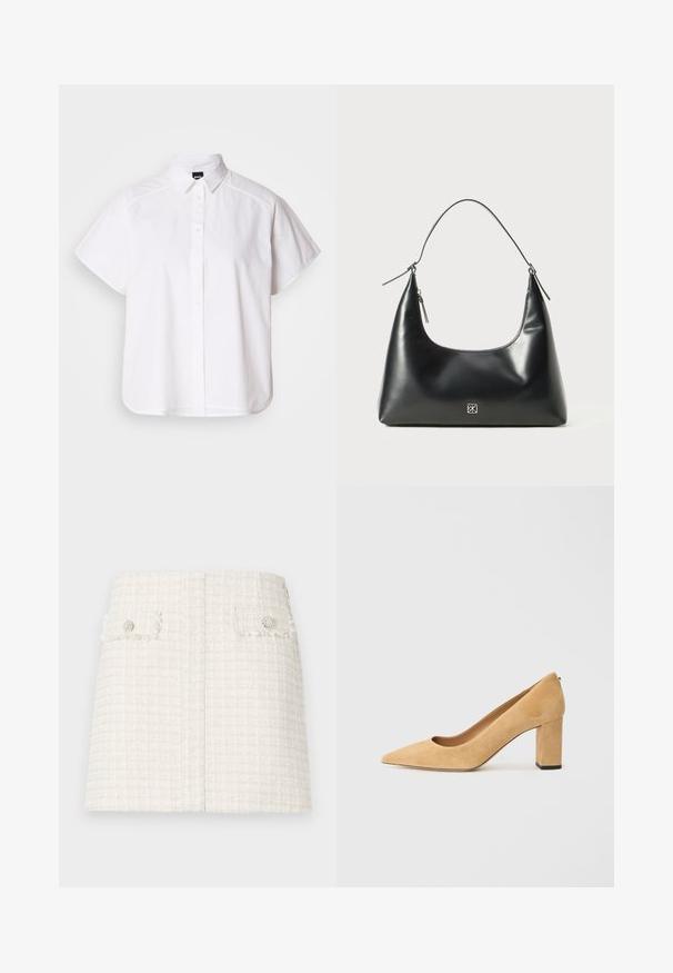 Hvid kortærmet skjorte med knaplukning, spidse kraver og buet nederste kant. Lavet af bomuld med en glat struktur og uden synlige mønstre.; Hvid tweed mini-skort med et tekstureret, ternet mønster. Har to frontlommer med klap og dekorative knapper. Lige nederkant design.; Beige ruskind højhælede pumper med spidse tæer og en kraftig blokhæl. Materialet har en blød tekstur med en glat overflade.; Sorte glatte læder skuldertaske med en buet top, enkelt rem, lynlåslukning og lille sølv logoemblem i midten foran.