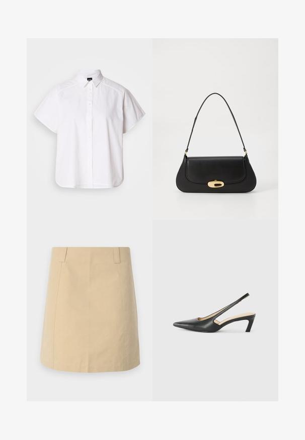 Camicia bianca a maniche corte con colletto a punta e orlo curvo. Realizzata in cotone con una texture liscia e senza motivi visibili.; Gonna in cotone beige con forma dritta, caratterizzata da pieghe frontali, tasche laterali e dettagli cuciti lungo le cuciture.; Scarpa slingback nera con punta affilata e tacco basso, realizzata in pelle liscia e con un design a taglio laterale per favorire la traspirabilità.; Borsa a tracolla in pelle nera con design curvo, hardware color oro e manico superiore. Caratterizzata da una chiusura elegante e una superficie liscia.