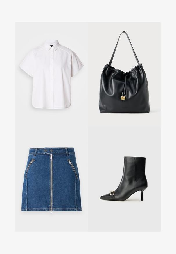 Vit kortärmad skjorta med knappar, spetthals och rundad nederkant. Tillverkad av bomull med en slät textur och inga synliga mönster.; Denimkjol i mörkblått med två framfickor med dragkedja och en central dragkedjestängning. Har en rak skärning och minimala sömdetaljer.; Svart läderankelboot med spetsig tå, smal medelhög klack och silverfärgad spänndetalj på sidan mot en enfärgad bakgrund.; Svart läderdragstringväska med en slät yta, samlad topp och subtila guldfärger. Har ett enda robust handtag och präglad logotyp.