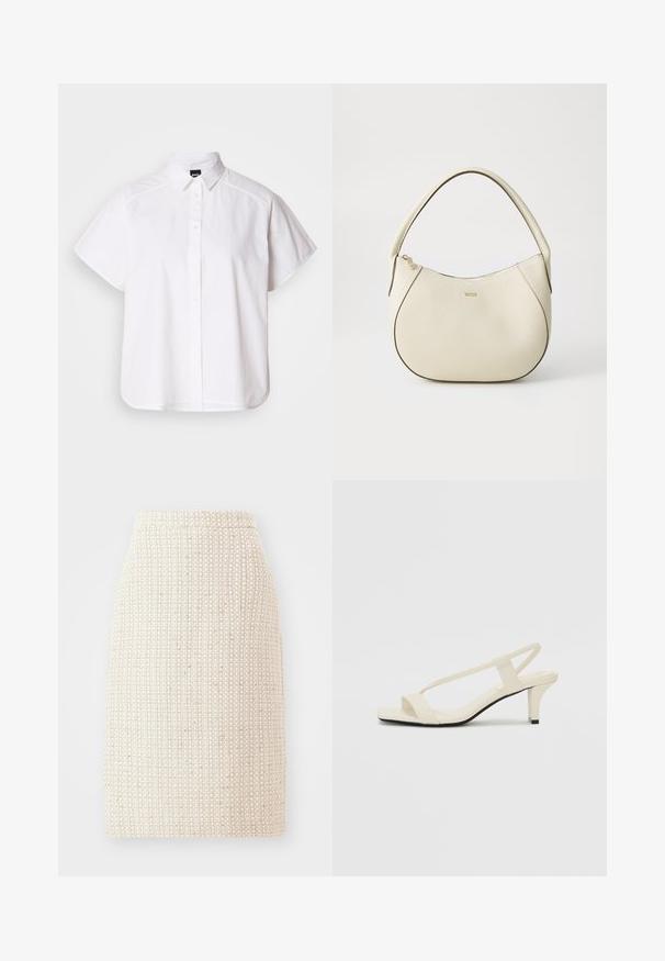 Camicia bianca a maniche corte con colletto a punta e orlo curvo. Realizzata in cotone con una texture liscia e senza motivi visibili.; Gonna a trapezio in tessuto intrecciato beige chiaro, caratterizzata da un motivo testurizzato. Design a vita alta con taglio dritto e senza chiusure visibili.; Sandali con tacco a blocco beige, con sottili cinturini e punta quadrata. Materiale liscio con dettagli minimi, progettati per un facile utilizzo.; Borsa color crema con una finitura testurizzata, forma curva, manico corto e dettaglio del logo in tonalità oro. Chiusura con zip nella parte superiore.