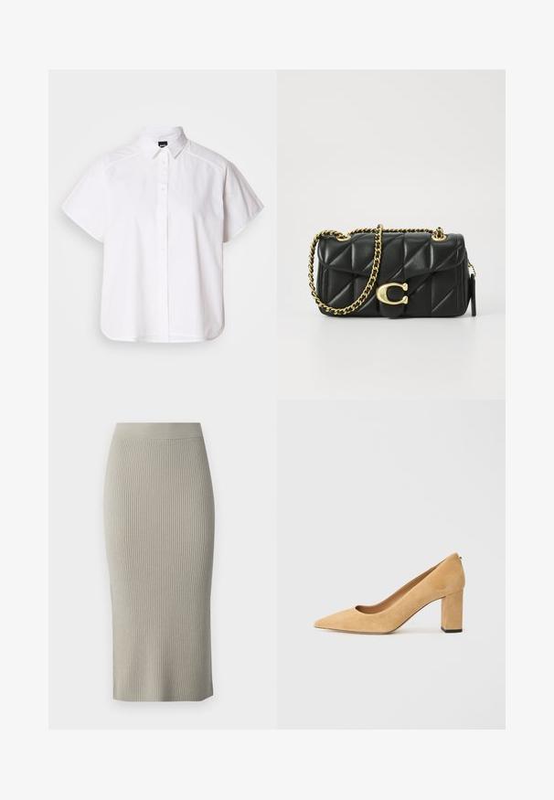 Chemise blanche à manches courtes, à boutons, avec un col pointu et un ourlet arrondi. Fabriquée en coton, elle possède une texture lisse et sans motifs visibles.; Jupe midi en tricot gris clair avec texture côtelée, design ajusté et fente latérale, dotée d'une ceinture lisse pour un confort optimal.; Pumps à talons hauts en daim beige avec un bout pointu et un talon large. Le matériau a une texture douce avec une finition lisse.; Sac à main en cuir matelassé noir avec une bandoulière en chaîne dorée et un fermoir à bascule avec un accent circulaire. Forme rectangulaire compacte.