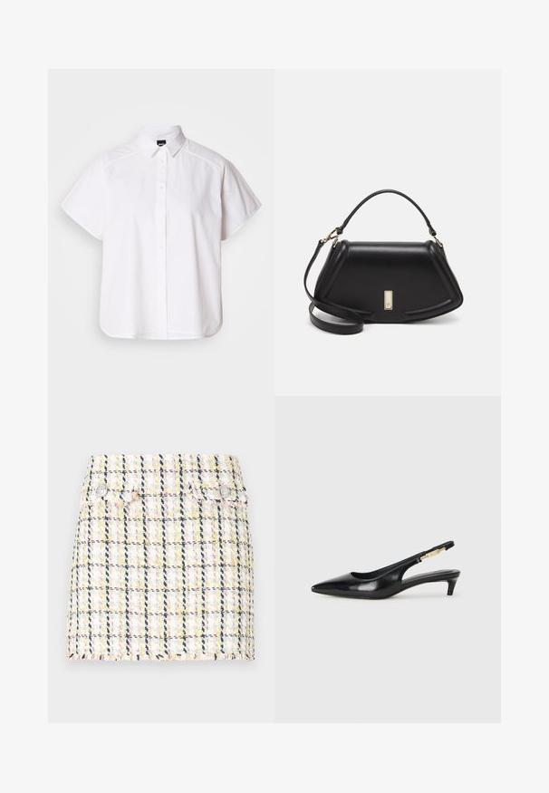 Hvit kortermet skjorte med knapper, spiss krage og buet skjortekant. Laget av bomull med en glatt tekstur og uten synlige mønstre.; Tweed miniskjørt med flerfarget rutemønster, frynset kant og to metalliske knappeaksenter på framsiden.; Sorte lærreim hæler med spiss tå, som har en slank hæl og en gullfarget detalj på den justerbare stroppen. Glatt tekstur.; Sort lærveske med en strukturert design, som har en avkortet form, topphåndtak og detaljer i gull. Justerbar skulderstropp inkludert.