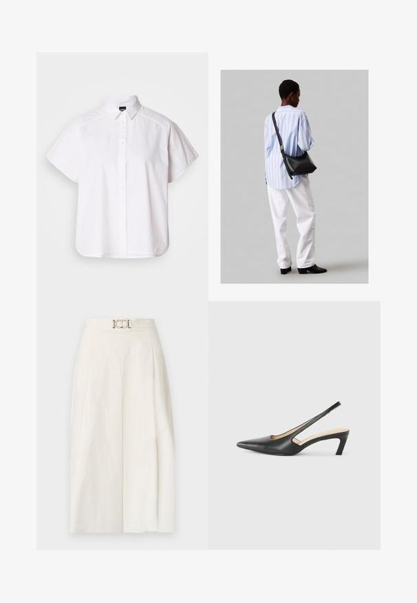 Fehér, rövid ujjú, gombos ing, hegyes gallérral és ívelt alsó résszel. Pamutból készült, sima textúrával és látható minták nélkül.; Fehér pamut anyagú bőrlábú nadrág. Magas derekú, elülső redővel és fémből készült övcsattal rendelkezik. Zökkenőmentes textúra.; Fekete, hegyes orrú, slingback cipő alacsony sarkával, sima bőrből készült, oldalt kivágott deisgnal a légáteresztőképesség érdekében.; Fekete bőr válltáska puha tapintással, háromszög alakú, állítható pánttal, világoskék csíkos inggel és fehér nadrággal párosítva.