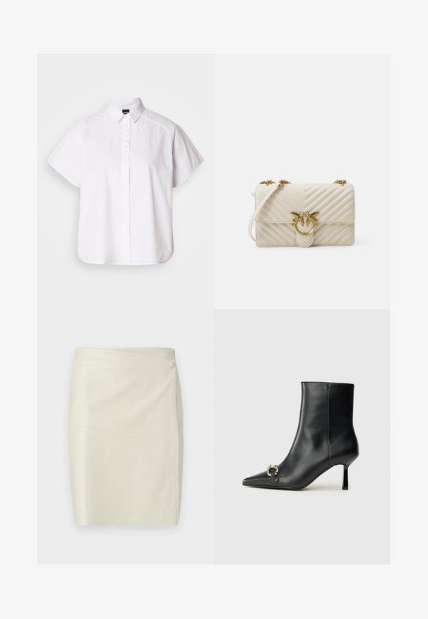 White short-sleeve button-up shirt with a pointed collar and curved hem. Made from cotton with a smooth texture and no visible patterns.; Cream-colored faux leather pencil skirt with diagonal seam and covered button closure on the upper side.; Black leather ankle boot with pointed toe, slim mid-height heel, and silver buckle detail on side against plain background.; Quilted cream handbag with a gold bird-shaped clasp, chain strap, and textured chevron design. Features a flap closure and compact shape.