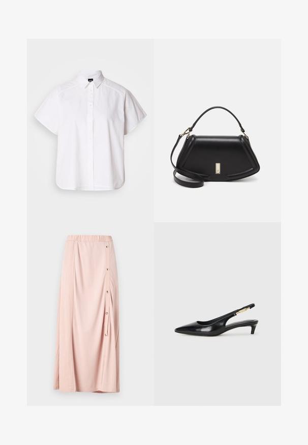 Chemise blanche à manches courtes, à boutons, avec un col pointu et un ourlet arrondi. Fabriquée en coton, elle possède une texture lisse et sans motifs visibles.; Jupe maxi rose avec une taille élastique, dotée d'une ouverture sur le côté avec des boutons et d'un tissu doux et lisse. Design léger et fluide.; Talons hauts en cuir noir avec un bout pointu, dotés d'un talon fin et d'un accent en ton or sur la lanière réglable. Texture lisse.; Sac à main en cuir noir avec un design structuré, featuring une forme cropped, une poignée supérieure et des accents en matériel doré. Bandoulière réglable incluse.