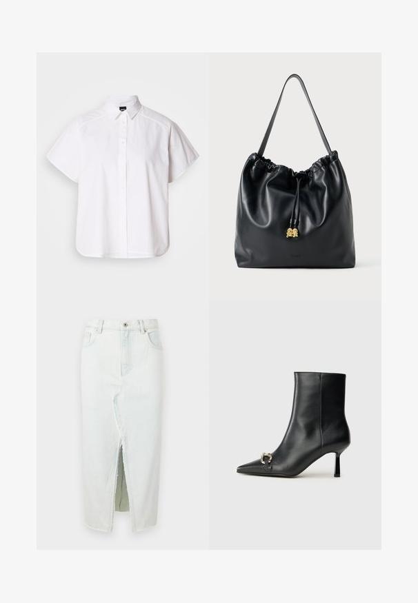 Bijela kratka košulja s gumbima i uskim ovratnikom, s zakrivljenim rubom. Napravljena od pamuka s glatkom teksturom i bez vidljivih uzoraka.; Svijetloplava traper suknja sa prednjim prorezom, sirovim rubom, dva prednja džepa i zatvaranjem na dugme. Ravni silueta, dizajn do gležnja.; Crne kožne gležnjače s nazupčanim prstom, uskim srednje visokim potpeticama i detaljem srebrne kopče sa strane na jedinstvenoj pozadini.; Crna kožna torba s vezicom, glatke teksture, okupljenog vrha i suptilnim zlatnim hardverom. Ima jednu čvrstu naramenicu i utisnutu oznaku.