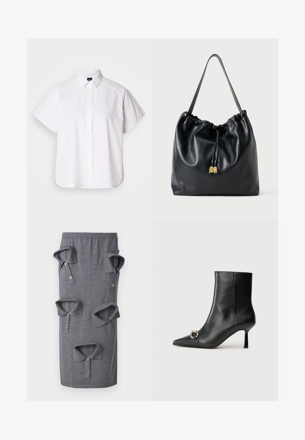 Balta trumpomis rankovėmis marškinėlių su atlenkiamu apykakle ir kreiva apačia. Pagaminta iš medvilnės, su sklandžiu paviršiumi ir be matomų raštų.; Pilka sijonas, pagamintas iš minkštos, tekstūruotos medžiagos. Yra su daugeliu marškinių apykaklių su sagutėmis, siuvinėtomis priekyje žaismingu dizainu.; Juodas odinis apavas iki kulkšnies su smailiu nosiu, plonu vidutinio aukščio kulnu ir sidabriniu sagties akcentu šone, prieš paprastą foną.; Juodas odinis maišelis su virvute, turintis lygią tekstūrą, susiraukšlėtą viršų ir subtilų auksinį apdailą. Turi vieną tvirtą diržą ir įspaustą logotipą.