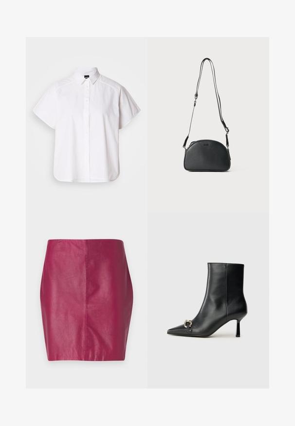 Camicia bianca a maniche corte con colletto a punta e orlo curvo. Realizzata in cotone con una texture liscia e senza motivi visibili.; Gonna aderente a vita alta in pelle fucsia vibrante, con texture liscia e cuciture minime, che mette in risalto un design elegante.; Stivale alla caviglia in pelle nera con punta affusolata, tacco sottile di media altezza e dettaglio in fibbia argentata sul lato, su sfondo semplice.; Borsa a tracolla in pelle nera di forma arrotondata, con due cinturini regolabili e un logo sottile sulla parte anteriore. Esterno testurizzato, design minimalista.