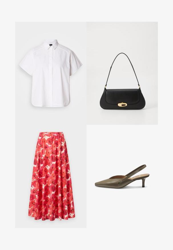 Chemise blanche à manches courtes, à boutons, avec un col pointu et un ourlet arrondi. Fabriquée en coton, elle possède une texture lisse et sans motifs visibles.; Jupe avec une taille élastique présentant un motif floral de coquelicots rouges et roses sur un fond blanc. Silhouette évasée, tissu léger.; Talons slingback en vert olive, en matériau synthétique brillant, design à bout pointu, petit talon empilé et accent métallique près de la bride de cheville.; Sac à main en cuir noir avec un design incurvé, matériel doré et une poignée sur le dessus. Présente une fermeture élégante et une texture lisse.