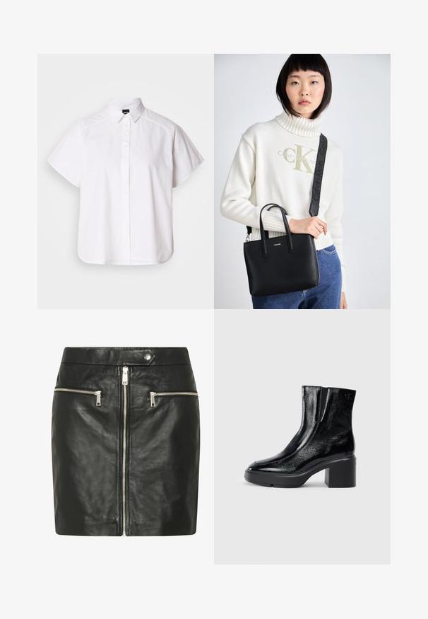 Bela kratka srajca s kratkimi rokavi in gumbom, s koničastim ovratnikom in ukrivljenim robom. Narejena iz bombaža s gladko teksturo in brez vidnih vzorcev.; Črna usnjena krila z sprednjim zadrgo in dvema žepoma z zadrgo. Gladka tekstura s prilegajočim dizajnom in zatisnjenim zapiranjem v pasu.; Črne lakirane gležnjarje z ukrivljenim nosom, elastičnimi stranskimi paneli in debelim blokastim peto. Imajo vtisnjen logotip na zadnjem delu.; Črna usnjena torba z dvema zgornjima ročajema in odstranljivim naramnim trakom. Ima srebrni logotip spredaj in gladko teksturo.