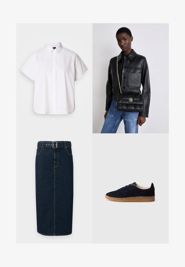 Balta īsajām piedurknēm krekls ar pogām un norādītu apkakli, kā arī viļņotu apakšmalu. Izgatavots no kokvilnas ar gludu tekstūru un bez redzamām rakstām.; Tumši zils denima midi svārki ar taisnu griezumu, kas ir aprīkoti ar sprādzi, sudraba piederumiem un kontrastējošiem diegiem gar šuvēm.; Naktī zilas zamšādas sporta kurpes ar gumijas zoles gumiju, zilām šņorēm un minimālistisku dizainu. Sānos ir iespiests logotips un gluda iekšējā odere.; Melnas ādas jaka ar pogu aizdari un divām priekšējām kabatām, kopā ar melnu pufīgu rokassomu ar zelta sprādzi un ķēdes siksnu.