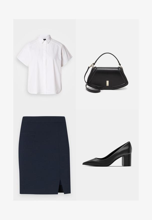 Witte kortemouw overhemd met knopen, voorzien van een puntige kraag en een gebogen zoom. Gemaakt van katoen met een gladde textuur en zonder zichtbare patronen.; Navyblauwe aansluitende rok van een soepel materiaal, met een split aan de achterkant en drie horizontale stikdetails op het voorzakgebied.; Zwarte leren pump met een spitse neus en een chunky vierkante hak. Glad textuur, eenvoudig ontwerp, geschikt voor formele gelegenheden.; Zwarte leren handtas met een gestructureerd ontwerp, featuring een verkorte vorm, bovenhandvat en gouden hardwareaccent. Inclusief verstelbare schouderband.