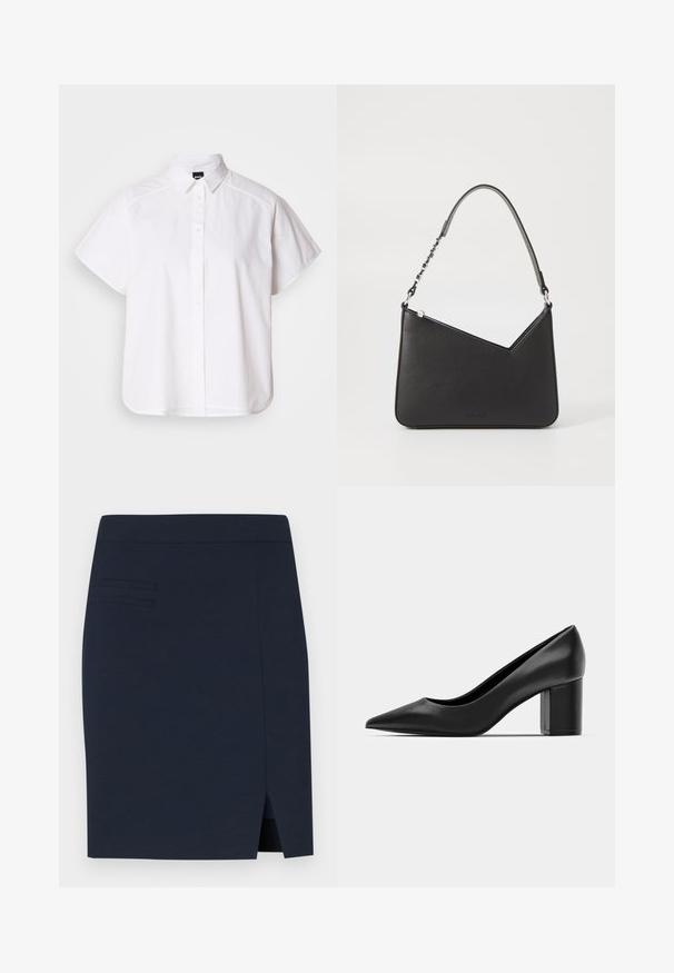 Valge lühikeste varrukatega nööpidega särk, millel on terav krae ja kõver hems. Valmistatud puuvillast, millel on sile tekstuur ja nähtamatud mustrid.; Tumedat sinine taljes seelik, mis on valmistatud siledast kangast, tagaküljel on lõhik ja ees on kolm horisontaalset õmblusdetaili tasku piirkonnas.; Mustad nahast kontsad terava nina ja tülikesega ruudukujulise kontsaga. Sile tekstuur, lihtne disain, sobib ametlikeks üritusteks.; Mustmust mustra kott, millel on kolmnurkne kuju, õhuke rihm ja hõbedased detailid. Omab tõmblukuga sulgemist ja reljeefset logo esiklapi peal.