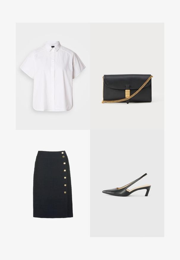 Vit kortärmad skjorta med knappar, spetthals och rundad nederkant. Tillverkad av bomull med en slät textur och inga synliga mönster.; Svart texturerad pennkjol med hög midja och sex guldiga fyrkantiga knappar placerade vertikalt på ena sidan.; Svart spetsig slingback-sko med låg klack, som har ett slätt lädermaterial och utskärningsdesign på sidan för andningsförmåga.; Svart läderkuvert med en vikbar klaff, guldkedjesträng, och en dekorativ guldförzlaring med upphöjda bokstäver, slät yta.