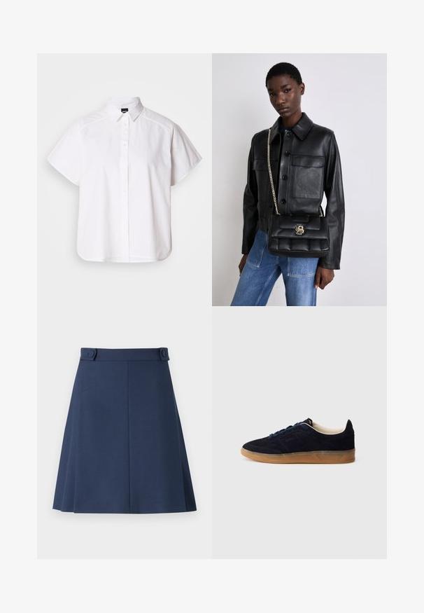 Bílá košile s krátkým rukávem a zapínáním na knoflíky, s špicatým límečkem a zakřiveným spodním lemem. Vyrobena z bavlny, má hladkou texturu a žádné viditelné vzory.; Námořnická modrá áčková sukně z hladké tkaniny, s dvěma dekorativními knoflíky v pase a jemnými detaily po stranách.; Námořnicky modrá semišová teniska s podrážkou z gumové pryže, modrými tkaničkami a minimalistickým designem. Na boku je vyražené logo a uvnitř je hladká podšívka.; Černá kožená bunda s knoflíkovým zapínáním a dvěma předními kapsami, spárovaná s černou prošívanou kabelkou s zlatým uzávěrem a řetízkovým popruhem.