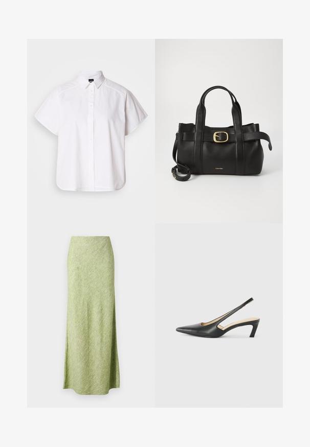 Chemise blanche à manches courtes, à boutons, avec un col pointu et un ourlet arrondi. Fabriquée en coton, elle possède une texture lisse et sans motifs visibles.; Samsøe Samsøe SAAGNETA LONG SKIRT - Jupe longue - peridot mel; Slingback noir à bout pointu avec un petit talon, en cuir lisse et doté d'un design découpé sur le côté pour plus de respirabilité.; Sac à main en cuir noir présentant un design structuré, deux poignées supérieures, un accent de boucle en ton doré et un logo de la marque en relief à l'avant.