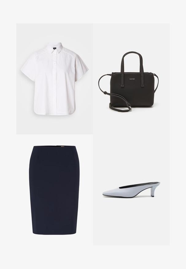 Bela kratka srajca s kratkimi rokavi in gumbom, s koničastim ovratnikom in ukrivljenim robom. Narejena iz bombaža s gladko teksturo in brez vidnih vzorcev.; Mornarska svinčnik krila iz gladkega blaga. Ima prilegajoč dizajn z dolžino do sredine in skritim zadrgo na hrbtu. Brez vidnih vzorcev.; Svetlo modre lakirane mule s poudarjenim nosom, nizkim prozornim petam in elegantnim dizajnom z izrezom na sprednjem delu.; Črna torbica z dvema kratkima ročajema in odstranljivim naramnim trakom. Gladek usnju podoben material z zadrgo in podrobnostmi z logotipom.