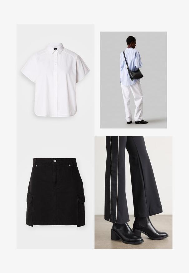 Balta īsajām piedurknēm krekls ar pogām un norādītu apkakli, kā arī viļņotu apakšmalu. Izgatavots no kokvilnas ar gludu tekstūru un bez redzamām rakstām.; Melnas denim svārkas ar pieguļošu siluetu, priekšējiem pogu aizdari un divām sānu kabatām. Izstrādātas ar izšūtiem detaļām.; Melnas ādas potīšu zābaki ar blokveida papēdi, aprīkoti ar elastīgām sānu paneļiem. Kombinēti ar melniem biksēm, kuru sānos ir baltas svītras.; Melna ādas plecu soma ar mīkstu tekstūru, trīsstūra formu un regulējamu siksnu, apvienota ar gaiši zilu svītrotu krekli un baltām biksēm.