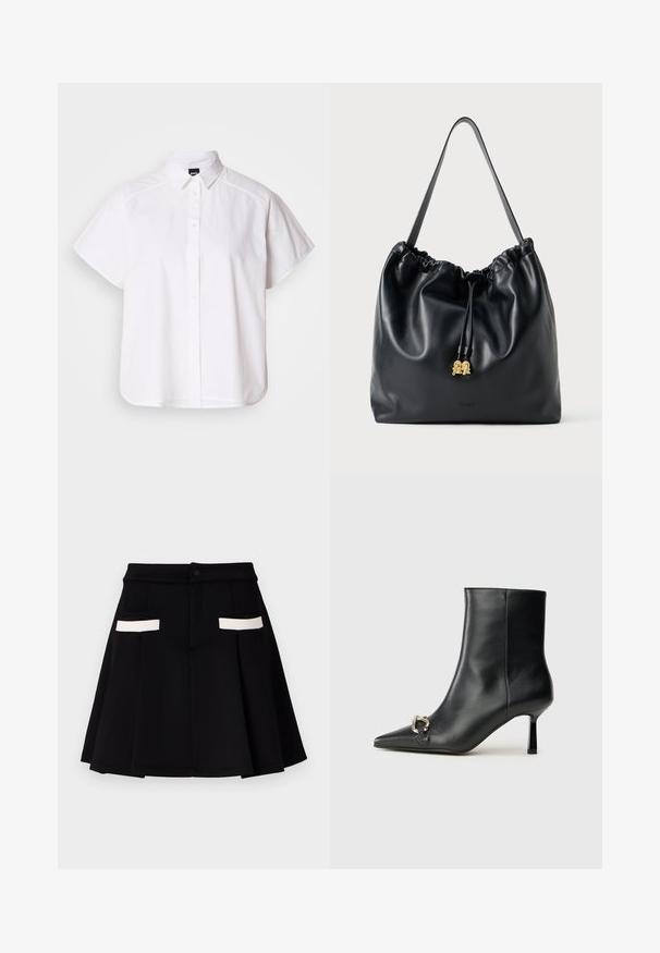 Hvid kortærmet skjorte med knaplukning, spidse kraver og buet nederste kant. Lavet af bomuld med en glat struktur og uden synlige mønstre.; Sort nederdel med en udsvinget design, der har to frontlommer med hvide detaljer, en knaplukning, og en glat stoftekstur.; Sort læder ankelstøvle med spidse tæer, slank hæl i mellemhøjde og sølvspænde detaljer på siden mod en ensfarvet baggrund.; Sort lædertrækpose med en glat overflade, samlede top og subtilt guldfarvet hardware. Har en enkelt robust rem og prægede logo.