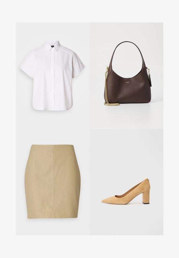 Weißes kurzärmliges Hemd mit Knopfleiste, spitzem Kragen und abgerundetem Saum. Hergestellt aus Baumwolle mit glatter Textur und ohne sichtbare Muster.; Beige Leder-Minirock mit taillierter Passform, glatter Textur und einer zentralen Naht, die vertikal über den Rücken verläuft.; Beige Wildleder-Pumps mit hohem Absatz, spitz zulaufend und mit einem klobigen Blockabsatz. Das Material hat eine weiche Textur mit einer glatten Oberfläche.; COACH BROOKLYN SHOULDER BAG 23 - Handtasche - maple