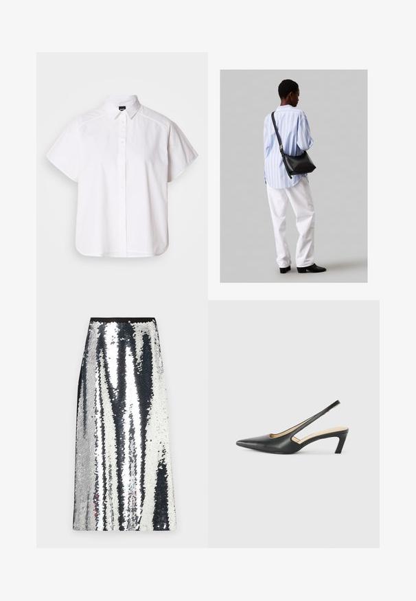 Valge lühikeste varrukatega nööpidega särk, millel on terav krae ja kõver hems. Valmistatud puuvillast, millel on sile tekstuur ja nähtamatud mustrid.; Hõbedane sädelev maksihüpe sirge lõikega, millel on must vöökoht ja vahelduv vertikaalne triibuline muster läikivate sädelevate sequins'idega.; Must mustaga, terav varvas, madala kontsaga sildiga king, mis on valmistatud siledast nahast ja mille küljel on lõike disain hingavuse tagamiseks.; Must have mustras alasi nahkpatsi, pehme tekstuuriga, kolmnurkse kujuga ja reguleeritava rihmaga, koos helesinise triibulise särgi ja valgete pükstega.