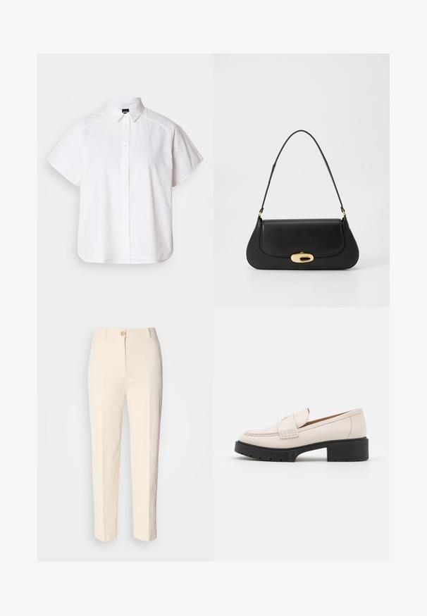 White short-sleeve button-up shirt with a pointed collar and curved hem. Made from cotton with a smooth texture and no visible patterns.; Cream-colored, high-waisted trousers made of textured fabric. Features a front button closure and tapered legs.; Light beige leather loafers with a stitched front and a textured black platform heel. Features a curved design and a slight elevation.; Black leather handbag with a curved design, gold-tone hardware, and a top handle. Features a sleek closure and smooth texture.