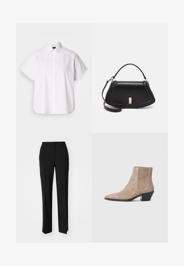 White short-sleeve button-up shirt with a pointed collar and curved hem. Made from cotton with a smooth texture and no visible patterns.; Black tailored trousers with a straight-leg design, featuring a smooth texture and crisp creases along the front. No visible hardware.; Beige suede ankle boot with a pointed toe and molded heel, featuring vertical stitching accents on the sides.; Black leather handbag with a structured design, featuring a cropped shape, top handle, and gold hardware accent. Adjustable shoulder strap included.