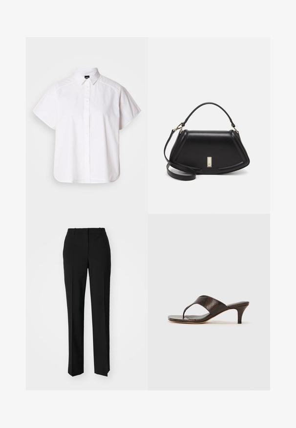 White short-sleeve button-up shirt with a pointed collar and curved hem. Made from cotton with a smooth texture and no visible patterns.; Black tailored trousers with a straight-leg design, featuring a smooth texture and crisp creases along the front. No visible hardware.; Brown faux snakeskin heeled sandals with a thong design and a square toe. The heel is approximately 2 inches tall, with a smooth finish.; Black leather handbag with a structured design, featuring a cropped shape, top handle, and gold hardware accent. Adjustable shoulder strap included.