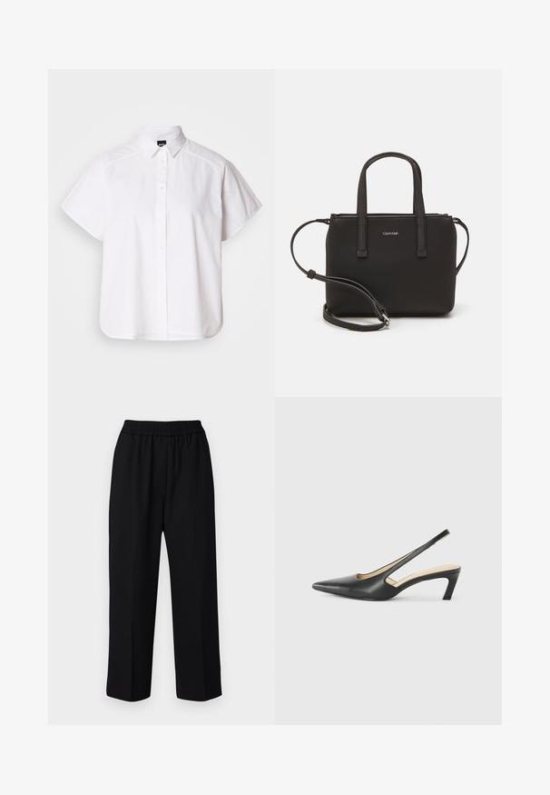 Valge lühikeste varrukatega nööpidega särk, millel on terav krae ja kõver hems. Valmistatud puuvillast, millel on sile tekstuur ja nähtamatud mustrid.; DAY Birger et Mikkelsen JONAH CLASSIC - Püksid - black; Must mustaga, terav varvas, madala kontsaga sildiga king, mis on valmistatud siledast nahast ja mille küljel on lõike disain hingavuse tagamiseks.; Musthave mustrans vöö ja eemaldatav õlarihm. Gludike nahk siledaga, millel on tõmblukk ja logo detail.