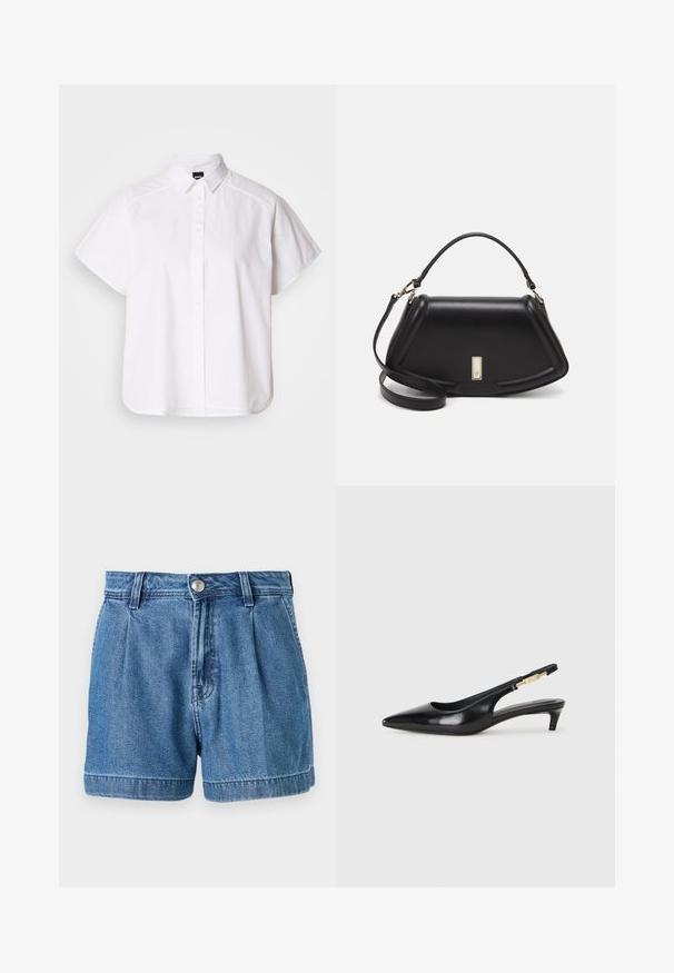 Hvid kortærmet skjorte med knaplukning, spidse kraver og buet nederste kant. Lavet af bomuld med en glat struktur og uden synlige mønstre.; Blå denimshorts med høj talje, plisseret front og op-rullede manchetter. Stoffet har en let tekstur og en standard fem-lommer design.; Sorte læder slingback hæle med spids tå, der har en slank hæl og en guldfarvet detalje på den justerbare rem. Glat tekstur.; Sort læderhåndtaske med en struktureret design, der har en kortet form, tophåndtag og guld hardware-accenter. Justerbar skulderrem inkluderet.