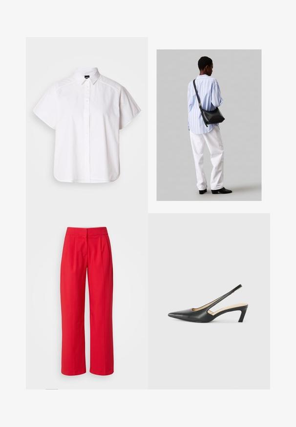 Balta īsajām piedurknēm krekls ar pogām un norādītu apkakli, kā arī viļņotu apakšmalu. Izgatavots no kokvilnas ar gludu tekstūru un bez redzamām rakstām.; Sarkani, plati bikses ar gludu tekstūru, ar priekšējām krokām un plakanu jostasvietu. Bez redzamām kabatām vai aparatūras detaļām.; Melna, ar smailu purngalu, slingback kurpe ar zemu papēdi, izgatavota no gludas ādas materiāla un ar izgriezumiem sānos gaisa caurlaidībai.; Melna ādas plecu soma ar mīkstu tekstūru, trīsstūra formu un regulējamu siksnu, apvienota ar gaiši zilu svītrotu krekli un baltām biksēm.