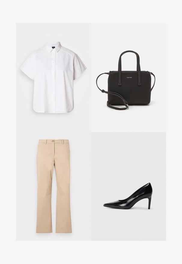 Valge lühikeste varrukatega nööpidega särk, millel on terav krae ja kõver hems. Valmistatud puuvillast, millel on sile tekstuur ja nähtamatud mustrid.; Beezhe puuvillased püksid sirge säärega disainiga, varustatud nööbizarre ja vöötringidega, siledat tekstuuri ning ilma nähtavate mustrite või aktsentideta.; Mustmust musta kõrge kontsaga king, millel on terav varvas, sile tekstuur ja kitsenev konts. Minimalistlik disain, ilma täiendavate kaunistusteta.; Musthave mustrans vöö ja eemaldatav õlarihm. Gludike nahk siledaga, millel on tõmblukk ja logo detail.