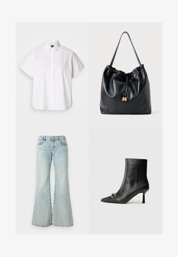 White short-sleeve button-up shirt with a pointed collar and curved hem. Made from cotton with a smooth texture and no visible patterns.; Light blue flared jeans made from denim, featuring a high waist, pockets, and frayed hems. The fabric displays a faded wash and subtle texture.; Black leather ankle boot with pointed toe, slim mid-height heel, and silver buckle detail on side against plain background.; Black leather drawstring bag with a smooth texture, gathered top, and subtle gold hardware. Features a single sturdy strap and embossed logo.