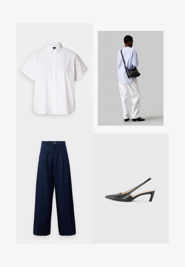 Valge lühikeste varrukatega nööpidega särk, millel on terav krae ja kõver hems. Valmistatud puuvillast, millel on sile tekstuur ja nähtamatud mustrid.; Tumed sinise denimi laiad püksid kõrge vöökoha, volditud esiosa ja klassikalise nööpkinnisega, küljetaskud ja kontrastne õmblus.; Must mustaga, terav varvas, madala kontsaga sildiga king, mis on valmistatud siledast nahast ja mille küljel on lõike disain hingavuse tagamiseks.; Must have mustras alasi nahkpatsi, pehme tekstuuriga, kolmnurkse kujuga ja reguleeritava rihmaga, koos helesinise triibulise särgi ja valgete pükstega.