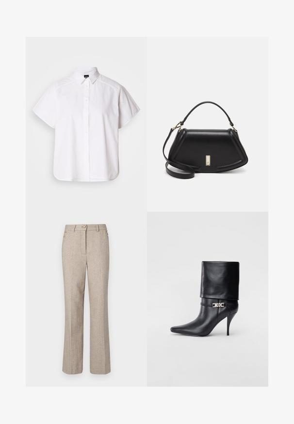 Balta īsajām piedurknēm krekls ar pogām un norādītu apkakli, kā arī viļņotu apakšmalu. Izgatavots no kokvilnas ar gludu tekstūru un bez redzamām rakstām.; Beige zīda kanālu bikses ar taisnu kāju, ar diviem zelta pogu akcentiem jostas daļā un gludu, teksturētu audumu.; Melnas ādas potīšu zābaki ar smailu purngalu, augstu stiletto papēdi, salocītu aproci un zeltītu dekoratīvu sprādzi uz potītes.; Melnas ādas roku soma ar struktūru, ar īsu formu, augšējo rokturi un zelta aksesuāriem. Iekļauta regulējama plecu siksna.