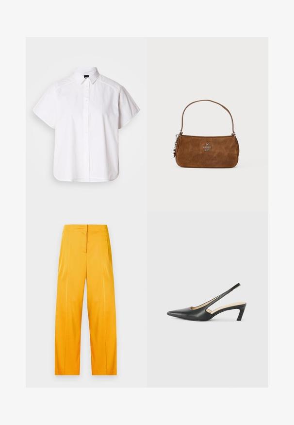 Camicia bianca a maniche corte con colletto a punta e orlo curvo. Realizzata in cotone con una texture liscia e senza motivi visibili.; Pantaloni a gamba larga di un brillante giallo, realizzati in tessuto morbido, caratterizzati da un design pulito con pieghe frontali e una vita piatta.; Scarpa slingback nera con punta affilata e tacco basso, realizzata in pelle liscia e con un design a taglio laterale per favorire la traspirabilità.; Borsa in suede marrone con una tracolla corta. Presenta un logo argentato, un accento a stella e una texture liscia. Forma rettangolare compatta.