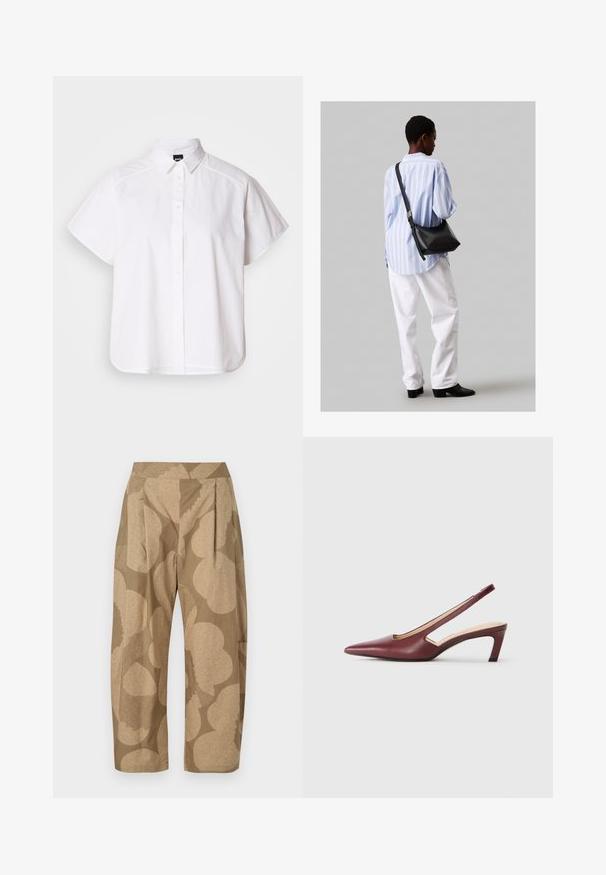 Cămașă albă cu mânecă scurtă, cu nasturi, guler ascuțit și margine curbă. Fabricată din bumbac, cu o textură netedă și fără modele vizibile.; Pantaloni bej cu un model floral mare în nuanțe mai deschise. Au talie înaltă, pliseuri și o croială lejeră. Realizați dintr-un material ușor.; Sandale cu toc mediu, de culoare Burgundy, cu vârf ascuțit, detalii decupate pe lateral și toc bloc. Finisaj din piele netedă.; Geantă de umăr din piele neagră cu o textură moale, formă triunghiulară și curea ajustabilă, asortată cu o bluză cu dungi albastre deschise și pantaloni albi.
