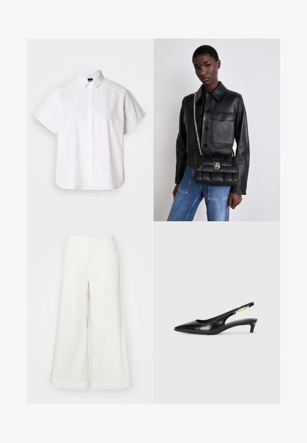 White short-sleeve button-up shirt with a pointed collar and curved hem. Made from cotton with a smooth texture and no visible patterns.; White wide-leg trousers made from lightweight fabric, featuring a high waist and stitched details, offering a relaxed fit and clean lines.; Black leather slingback heels with a pointed toe, featuring a slim heel and a gold-tone accent on the adjustable strap. Smooth texture.; Black leather jacket with button closure and two front pockets, paired with a black quilted handbag featuring a gold clasp and chain strap.