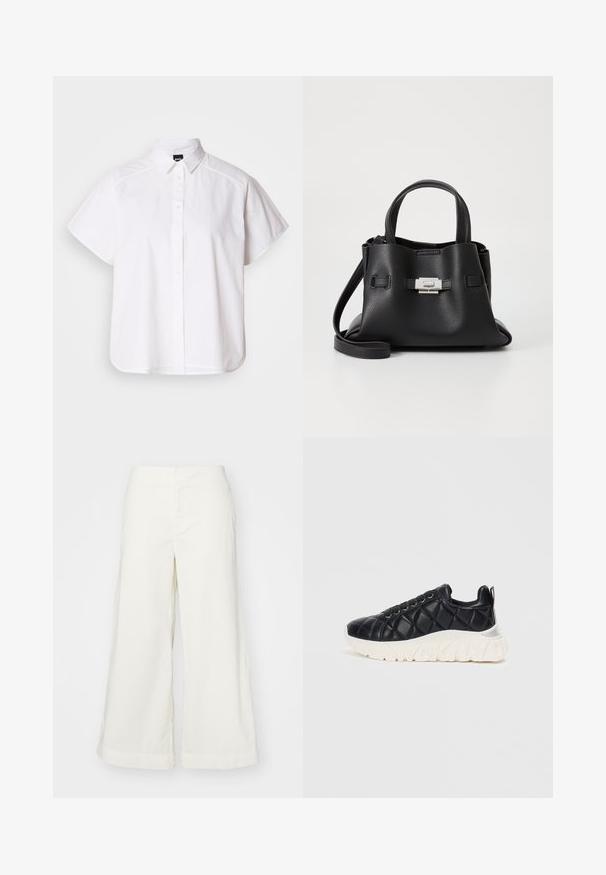 White short-sleeve button-up shirt with a pointed collar and curved hem. Made from cotton with a smooth texture and no visible patterns.; White wide-leg trousers made from lightweight fabric, featuring a high waist and stitched details, offering a relaxed fit and clean lines.; Black quilted sneakers with a textured upper, white chunky sole, and black laces, featuring a branded heel accent and padded collar.; Black leather handbag with a textured finish, featuring two top handles, a detachable shoulder strap, and a silver clasp detail.