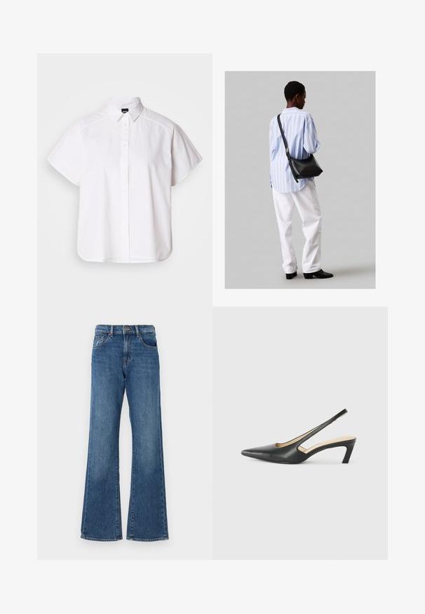 Balta īsajām piedurknēm krekls ar pogām un norādītu apkakli, kā arī viļņotu apakšmalu. Izgatavots no kokvilnas ar gludu tekstūru un bez redzamām rakstām.; Zili zila denim flared bikses ar augstu jostasvietu, kurām ir piecas kabatas un pogu aizdare. Audumam ir nedaudz izbalējusi apdare.; Melna, ar smailu purngalu, slingback kurpe ar zemu papēdi, izgatavota no gludas ādas materiāla un ar izgriezumiem sānos gaisa caurlaidībai.; Melna ādas plecu soma ar mīkstu tekstūru, trīsstūra formu un regulējamu siksnu, apvienota ar gaiši zilu svītrotu krekli un baltām biksēm.