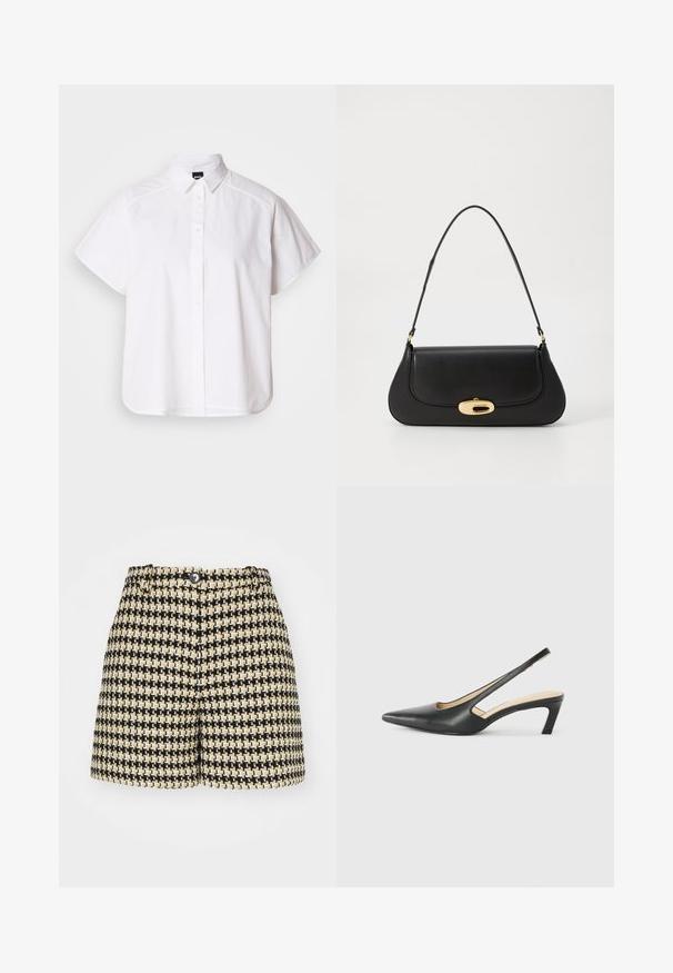 Hvit kortermet skjorte med knapper, spiss krage og buet skjortekant. Laget av bomull med en glatt tekstur og uten synlige mønstre.; BOSS TASETO - Shorts - black/off-white; Svart spiss tå slingback-sko med lav hæl, laget av jevnt skinnmateriale og med utskåret design på siden for pusteevne.; Svart lærveske med en buet design, gullfarget hardware og et håndtak på toppen. Har en elegant lukking og glatt tekstur.