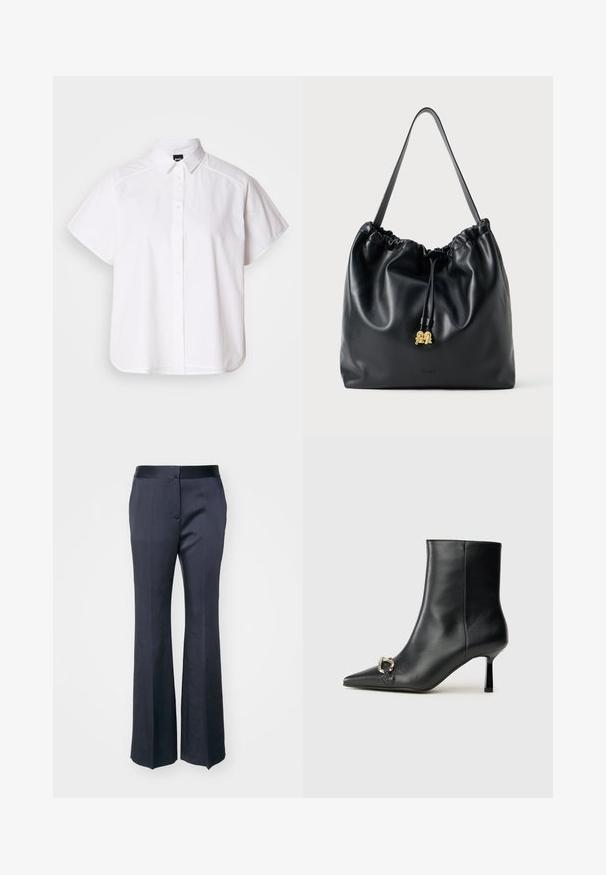 Balta īsajām piedurknēm krekls ar pogām un norādītu apkakli, kā arī viļņotu apakšmalu. Izgatavots no kokvilnas ar gludu tekstūru un bez redzamām rakstām.; Tumši zili pielāgoti bikses ar taisnu kāju, gludu tekstūru un platu jostu. Iezīmē priekšējie krokas un nav redzamu elementu.; Melnā ādas potīšu zābaku ar smailu purngalu, šauru vidēja augstuma papēdi un sudraba sprādzi sānos uz vienkrāsaina fona.; Melnas ādas zīmogs ar gludu tekstūru, savilktā augšdaļa un izsmalcināta zelta apdare. Iebūvēta viena izturīga siksna un iešūts logotips.