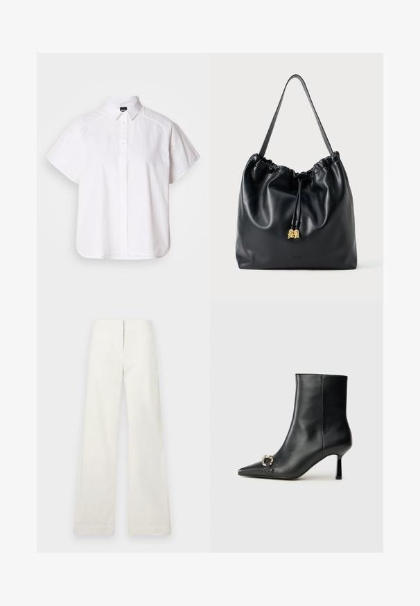 Weißes kurzärmliges Hemd mit Knopfleiste, spitzem Kragen und abgerundetem Saum. Hergestellt aus Baumwolle mit glatter Textur und ohne sichtbare Muster.; Weiße, weite Baumwollhosen mit geradem Schnitt, glatter Textur und einem einfachen Bund ohne sichtbare Verschlüsse.; Schwarze Leder-Stiefelette mit spitzer Zehe, schlankem, mittelhohem Absatz und silberner Schnalle seitlich vor einem schlichten Hintergrund.; Schwarze Lederzugtasche mit glatter Oberfläche, gerafftem oberen Teil und dezenten goldenen Hardware. Sie verfügt über einen stabilen Schulterriemen und ein geprägtetes Logo.