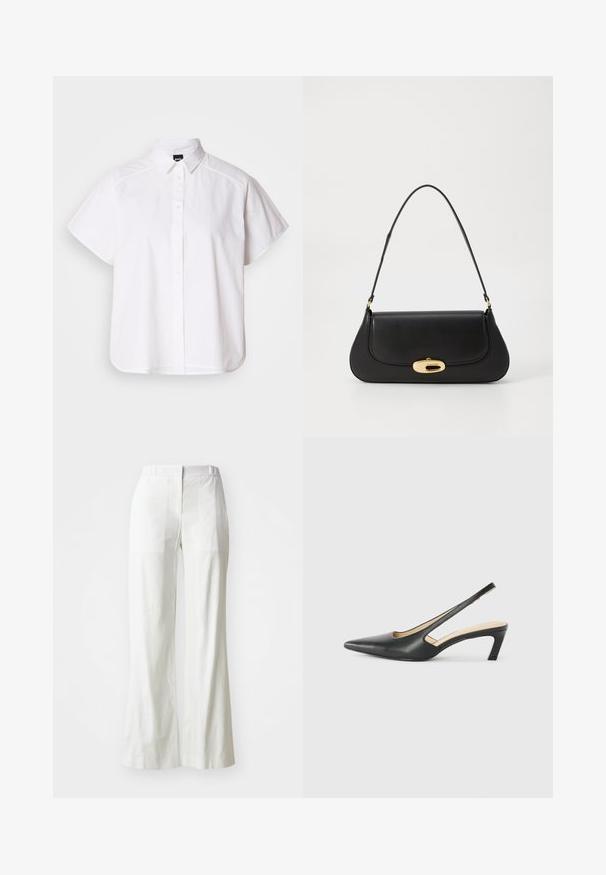 Balta īsajām piedurknēm krekls ar pogām un norādītu apkakli, kā arī viļņotu apakšmalu. Izgatavots no kokvilnas ar gludu tekstūru un bez redzamām rakstām.; Baltas, augstu jostasvietu plaša kāju bikses, kas izgatavotas no viegla auduma. Iespējas: plakana priekšpuse, aizmugures kabatas un tīrs, vienkāršs dizains.; Melna, ar smailu purngalu, slingback kurpe ar zemu papēdi, izgatavota no gludas ādas materiāla un ar izgriezumiem sānos gaisa caurlaidībai.; Melna ādas rokassoma ar izliekta dizaina elementiem, zelta krāsas detaļām un augšējo rokturi. Iezīmējas ar elegantu aizdari un gludu faktūru.