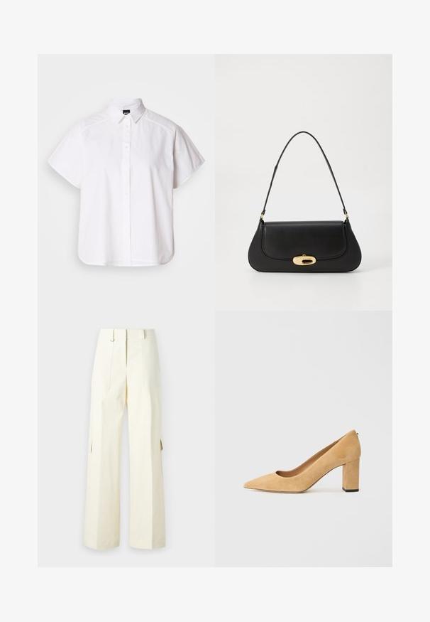White short-sleeve button-up shirt with a pointed collar and curved hem. Made from cotton with a smooth texture and no visible patterns.; Wide-leg cargo pants in light cream fabric, featuring patch pockets, a high waist, and side slits for added detail and functionality.; Beige suede high-heeled pump with a pointed toe and a chunky block heel. The material has a soft texture with a smooth finish.; Black leather handbag with a curved design, gold-tone hardware, and a top handle. Features a sleek closure and smooth texture.