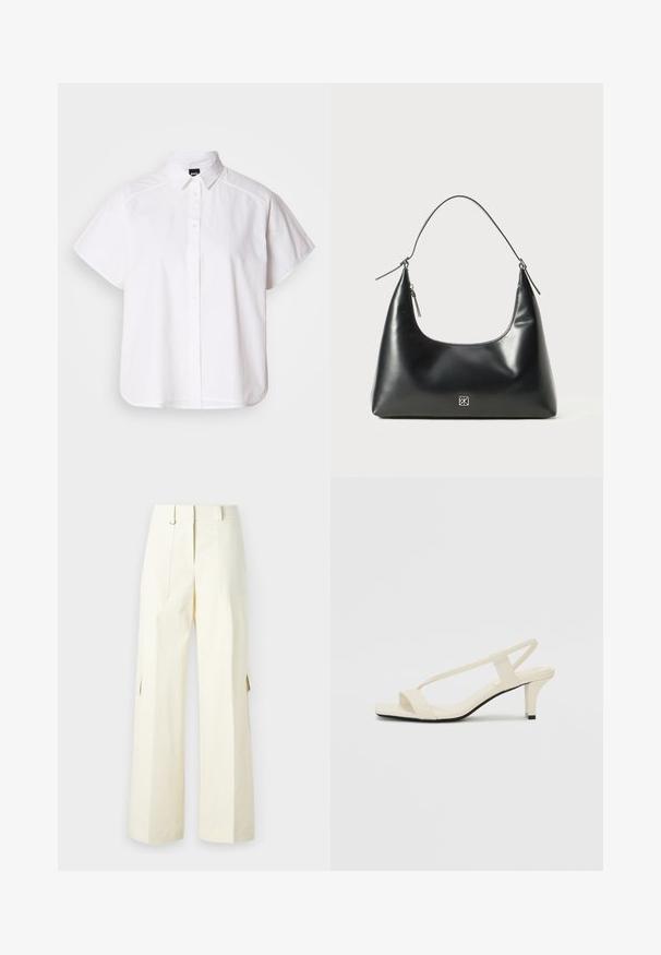 Witte kortemouw overhemd met knopen, voorzien van een puntige kraag en een gebogen zoom. Gemaakt van katoen met een gladde textuur en zonder zichtbare patronen.; Wijdvallende cargo-broek in lichtcrème stof, met opgestikte zakken, een hoge taille en zijsplitten voor extra detail en functionaliteit.; Beige blockhak sandalen met dunne bandjes en een vierkante neus. Glad materiaal met minimale details, ontworpen voor eenvoudig dragen.; Zwarte gladde leren schoudertas met een gebogen bovenkant, enkele schouderriem, ritssluiting en klein zilveren logo-embleem in het midden van de voorkant.