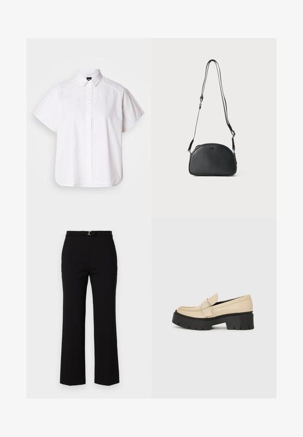 White short-sleeve button-up shirt with a pointed collar and curved hem. Made from cotton with a smooth texture and no visible patterns.; Black, high-waisted trousers made of smooth fabric, featuring a belt with a gold buckle, and a flared leg design.; Beige leather loafers with black chunky sole, featuring a decorative buckle and stitching detail on the front. Side view.; Black leather crossbody bag with a rounded shape, two adjustable straps, and a subtle logo on the front. Textured exterior, minimalistic design.