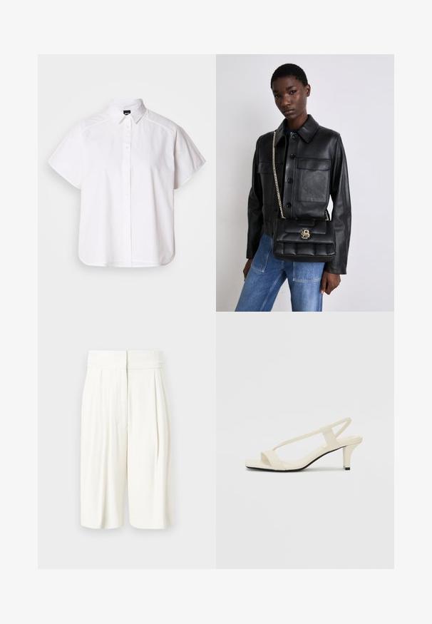 White short-sleeve button-up shirt with a pointed collar and curved hem. Made from cotton with a smooth texture and no visible patterns.; White pleated shorts with a high waistband. Smooth fabric with a relaxed shape, featuring side pockets and a knee-length cut.; Beige block-heeled sandals with thin straps and a square toe. Smooth material with minimal detailing, designed for easy wear.; Black leather jacket with button closure and two front pockets, paired with a black quilted handbag featuring a gold clasp and chain strap.